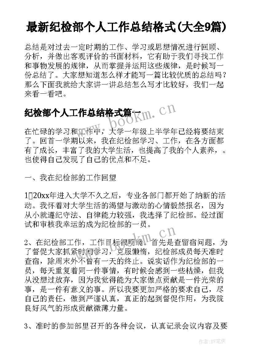 最新纪检部个人工作总结格式(大全9篇)