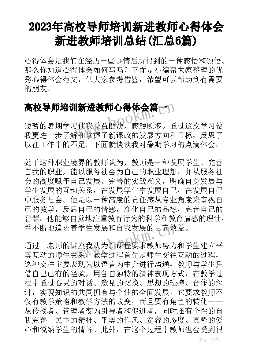 2023年高校导师培训新进教师心得体会 新进教师培训总结(汇总6篇)