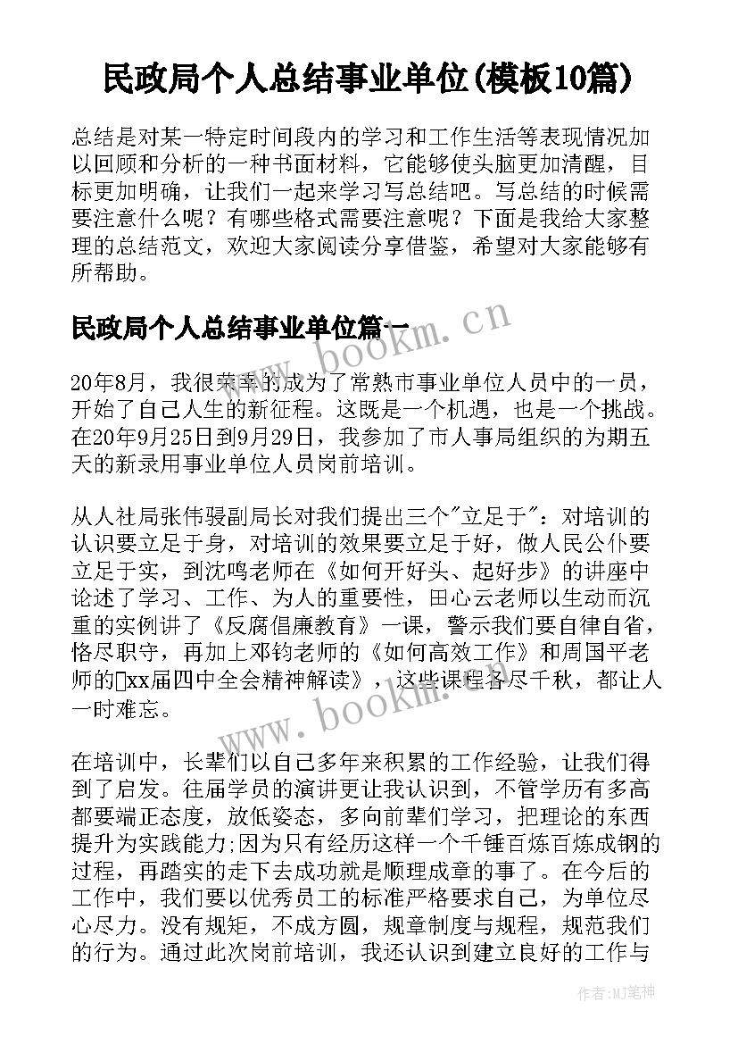 民政局个人总结事业单位(模板10篇)