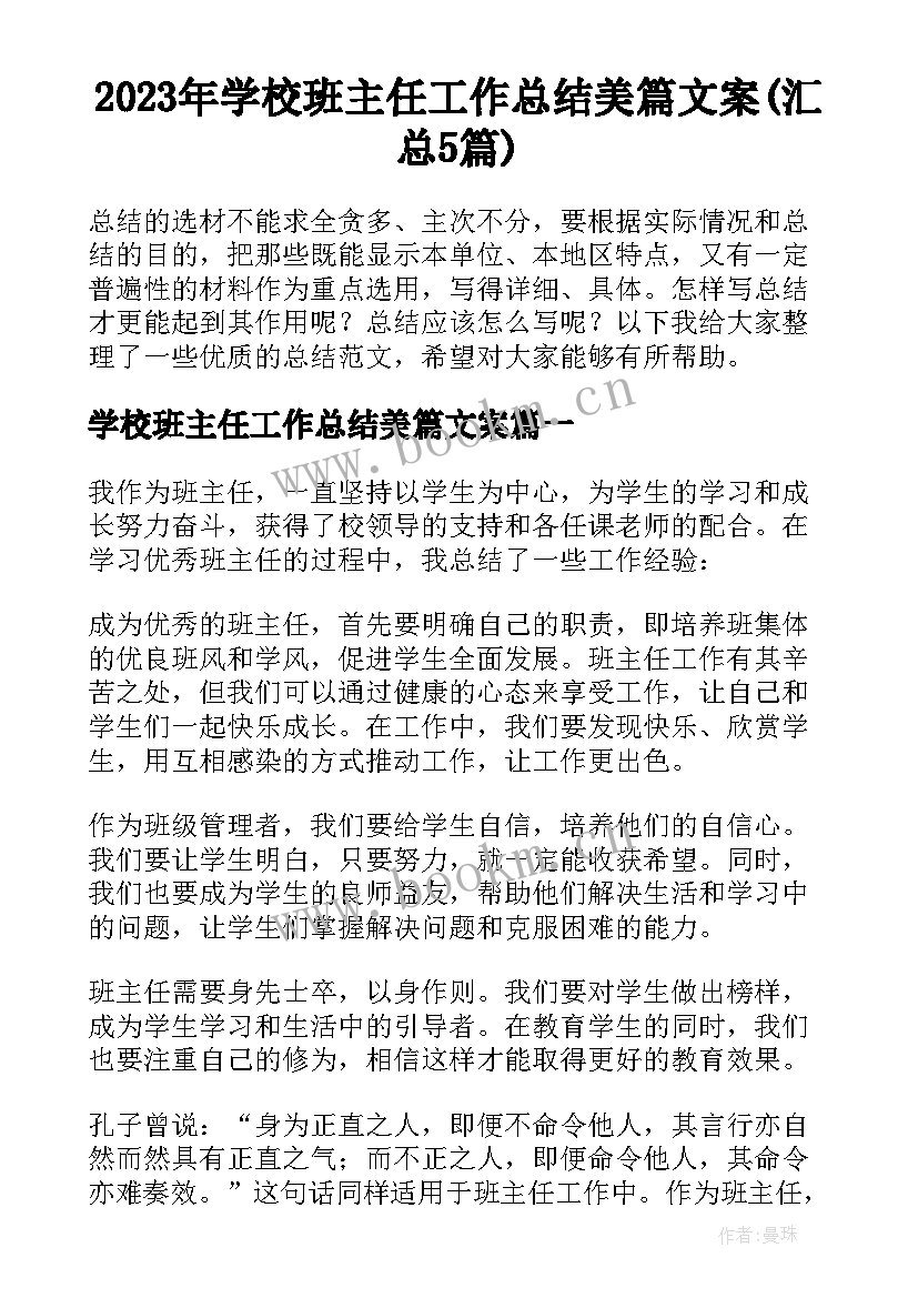 2023年学校班主任工作总结美篇文案(汇总5篇)