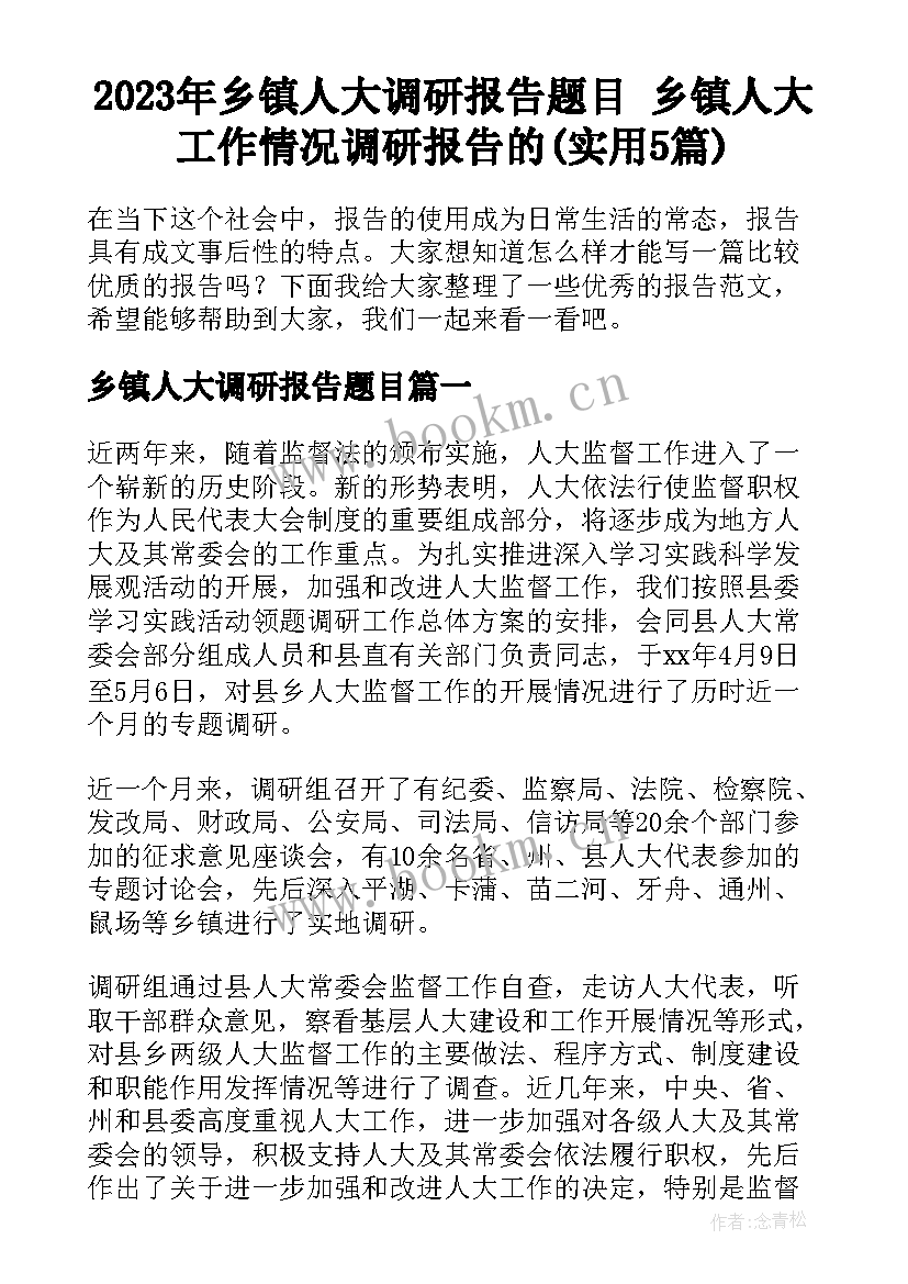 2023年乡镇人大调研报告题目 乡镇人大工作情况调研报告的(实用5篇)