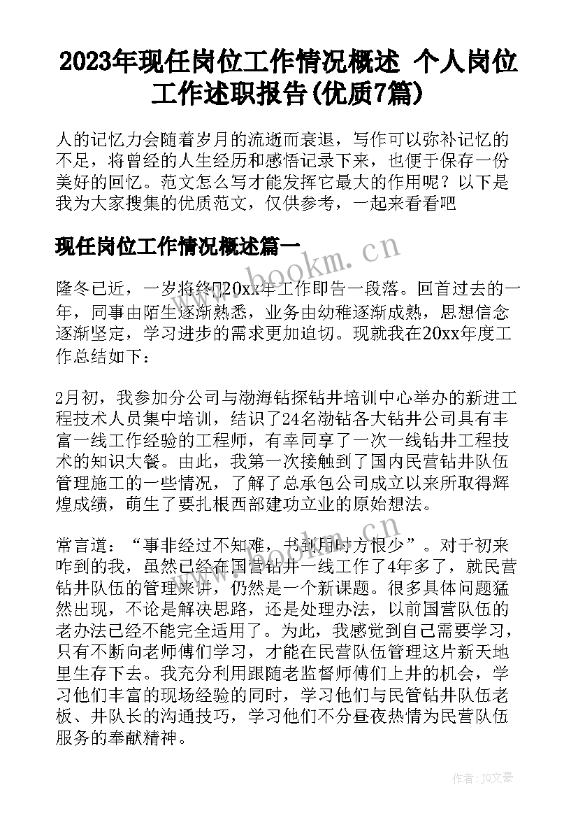 2023年现任岗位工作情况概述 个人岗位工作述职报告(优质7篇)