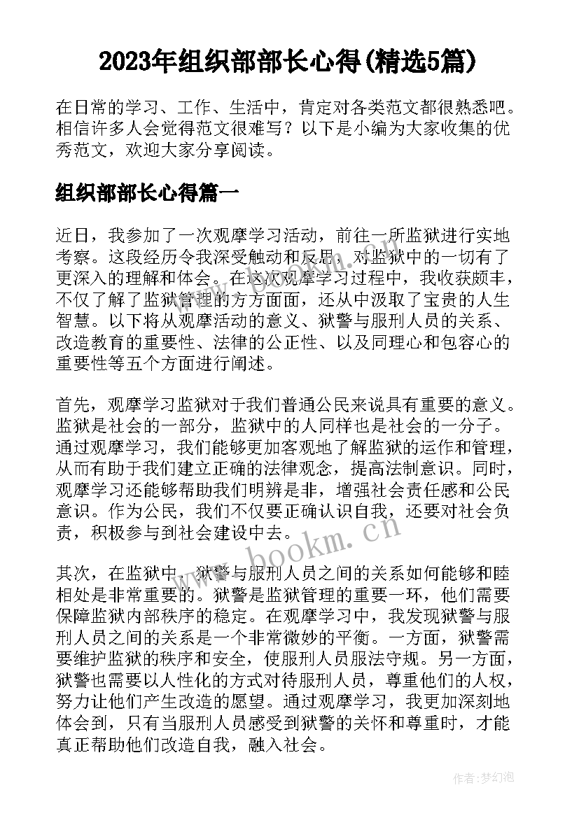 2023年组织部部长心得(精选5篇)