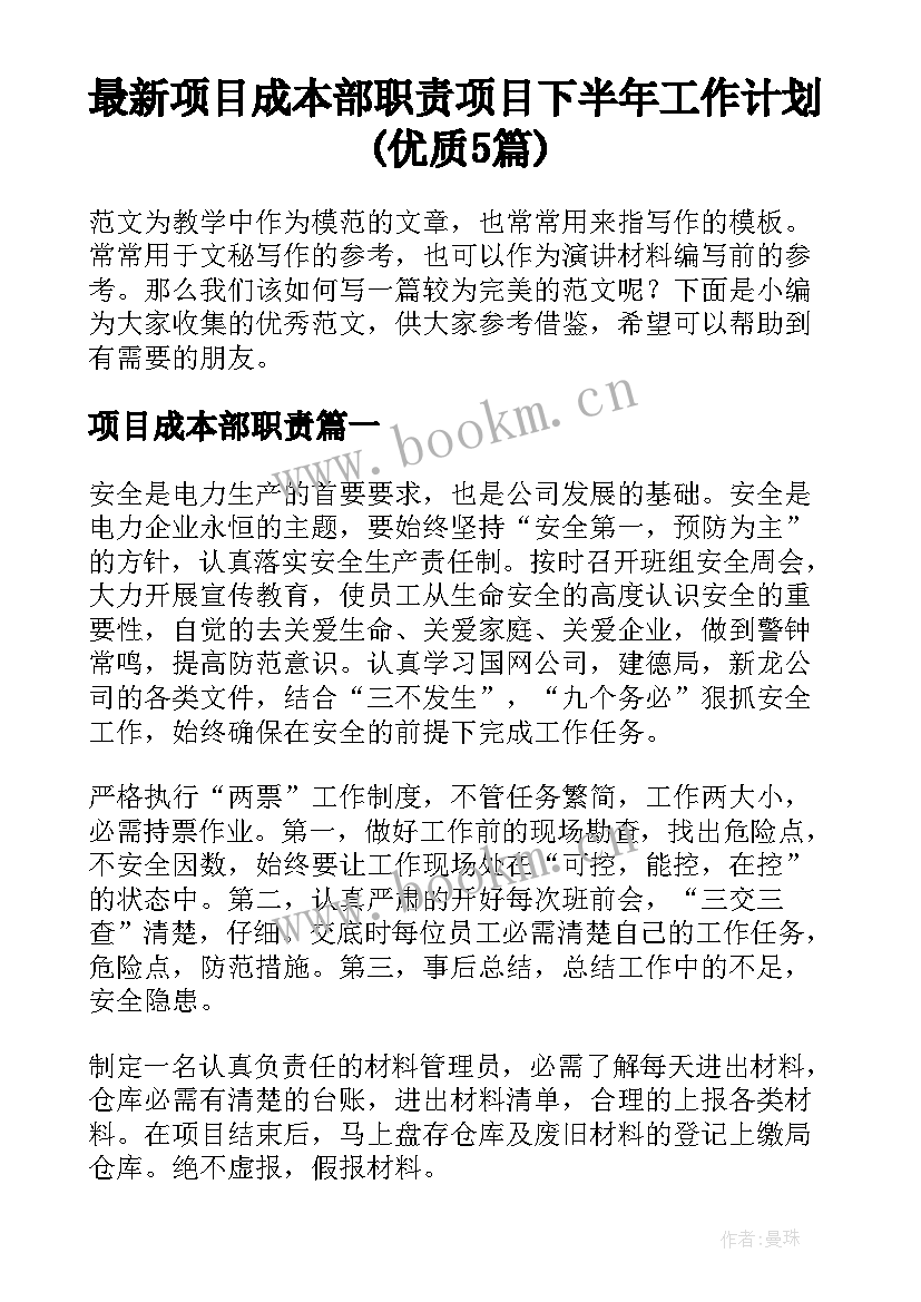 最新项目成本部职责 项目下半年工作计划(优质5篇)