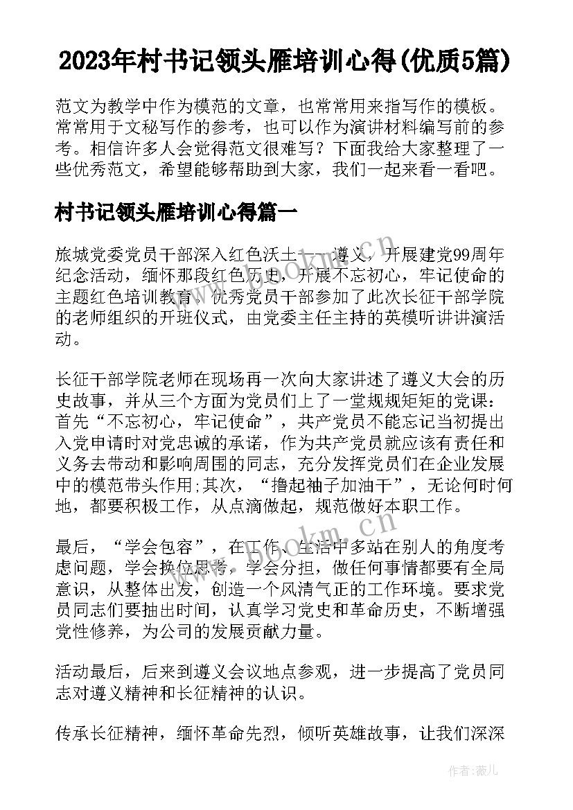 2023年村书记领头雁培训心得(优质5篇)