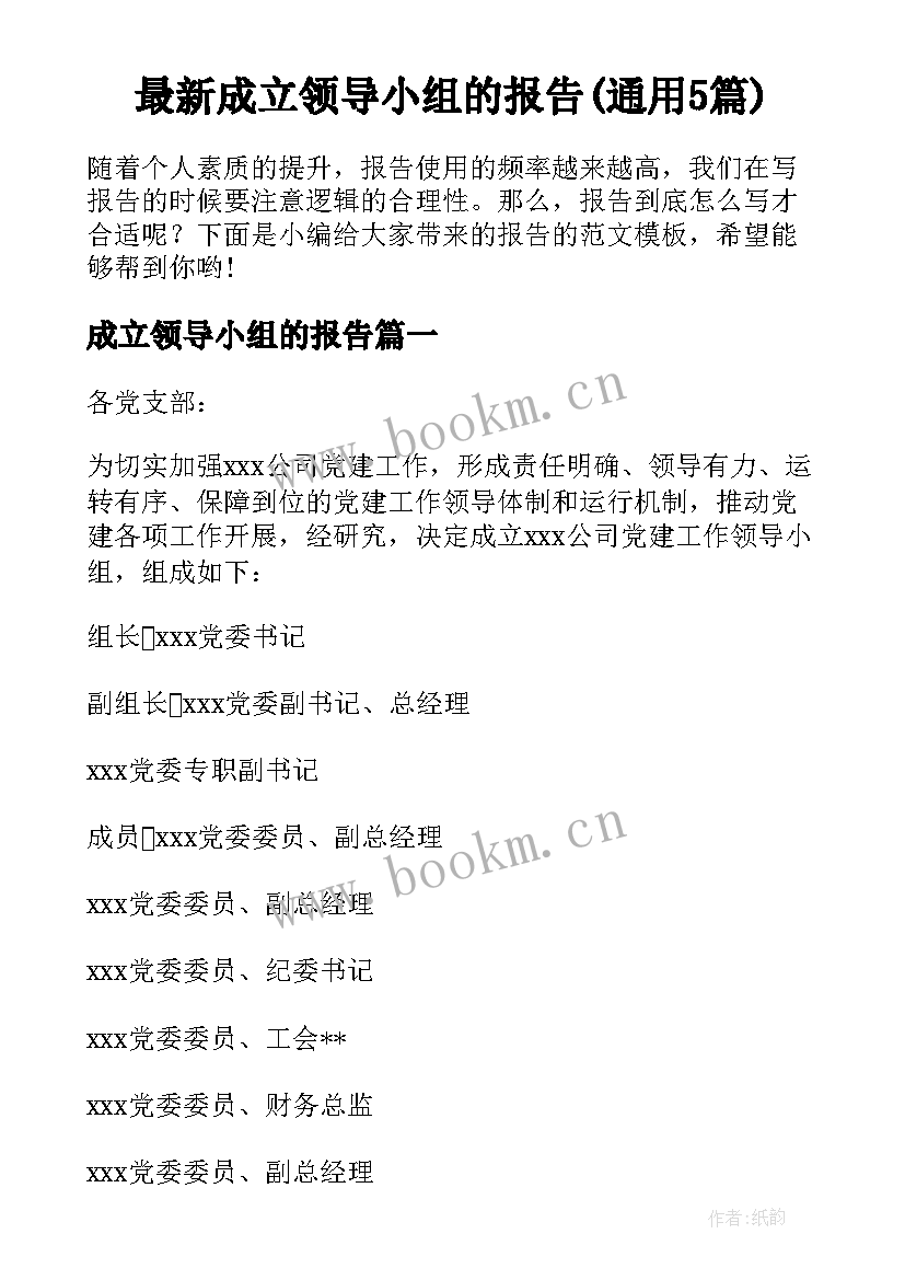 最新成立领导小组的报告(通用5篇)