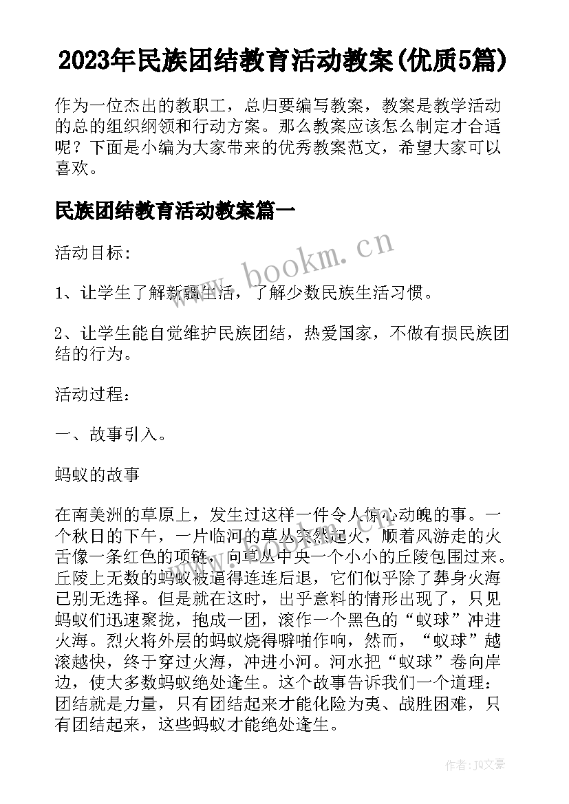 2023年民族团结教育活动教案(优质5篇)