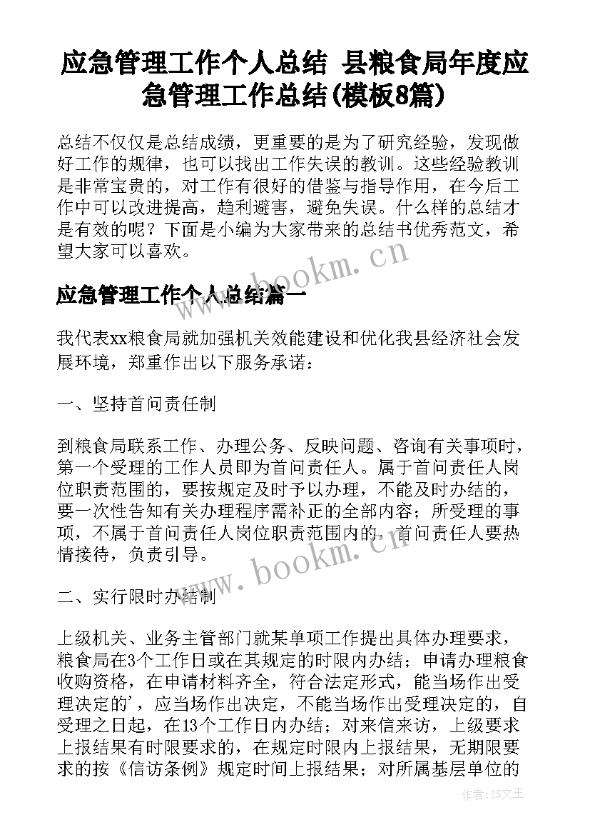 应急管理工作个人总结 县粮食局年度应急管理工作总结(模板8篇)