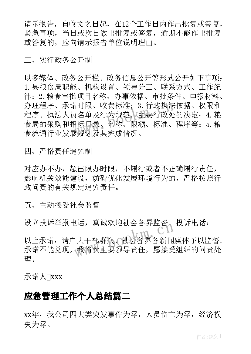 应急管理工作个人总结 县粮食局年度应急管理工作总结(模板8篇)