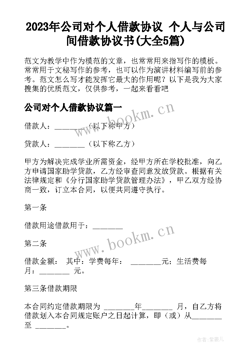 2023年公司对个人借款协议 个人与公司间借款协议书(大全5篇)