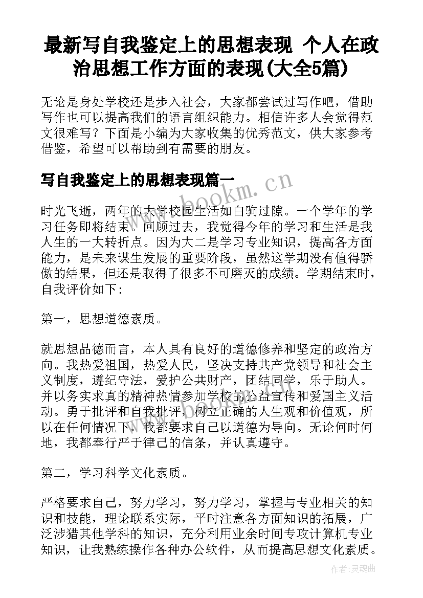 最新写自我鉴定上的思想表现 个人在政治思想工作方面的表现(大全5篇)