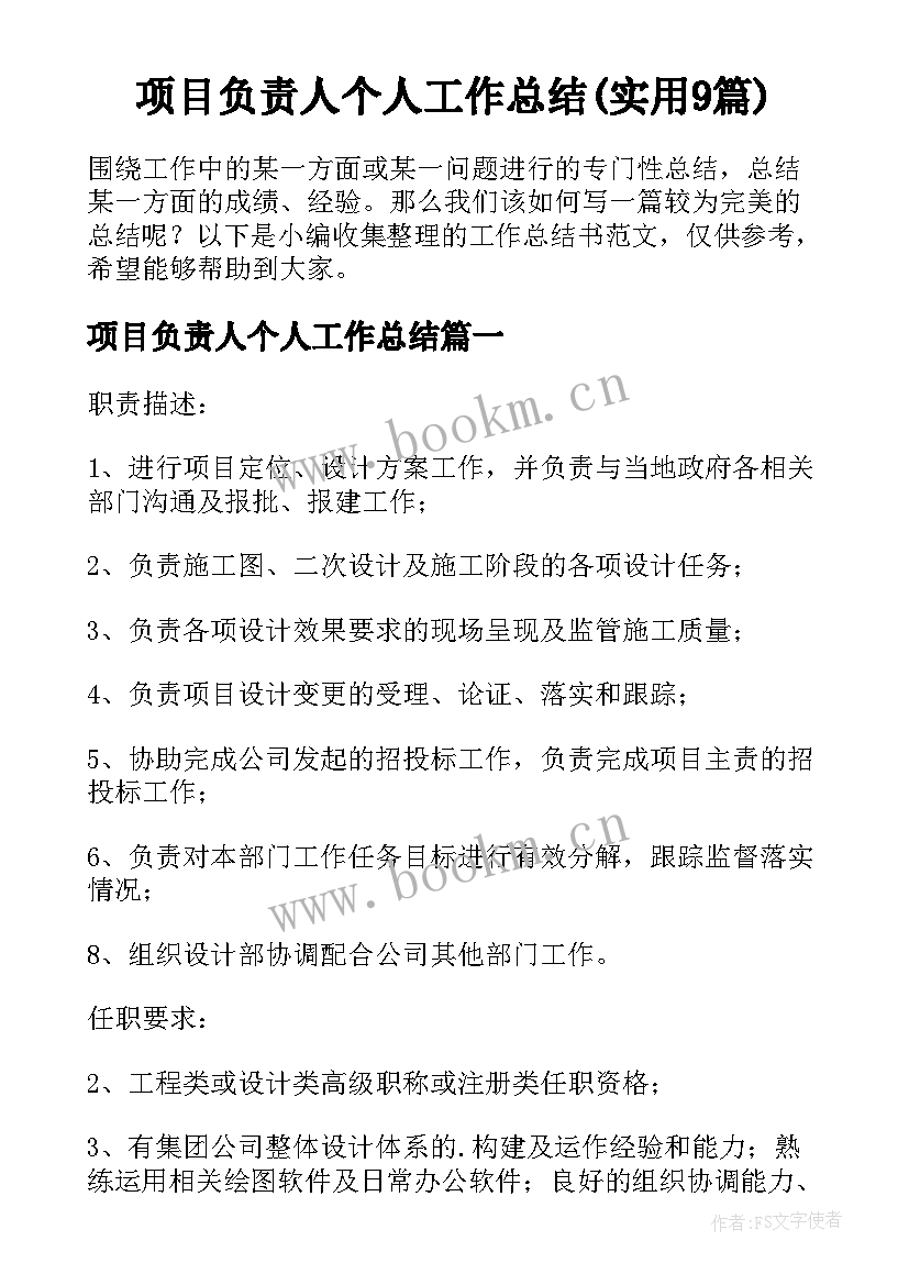 项目负责人个人工作总结(实用9篇)