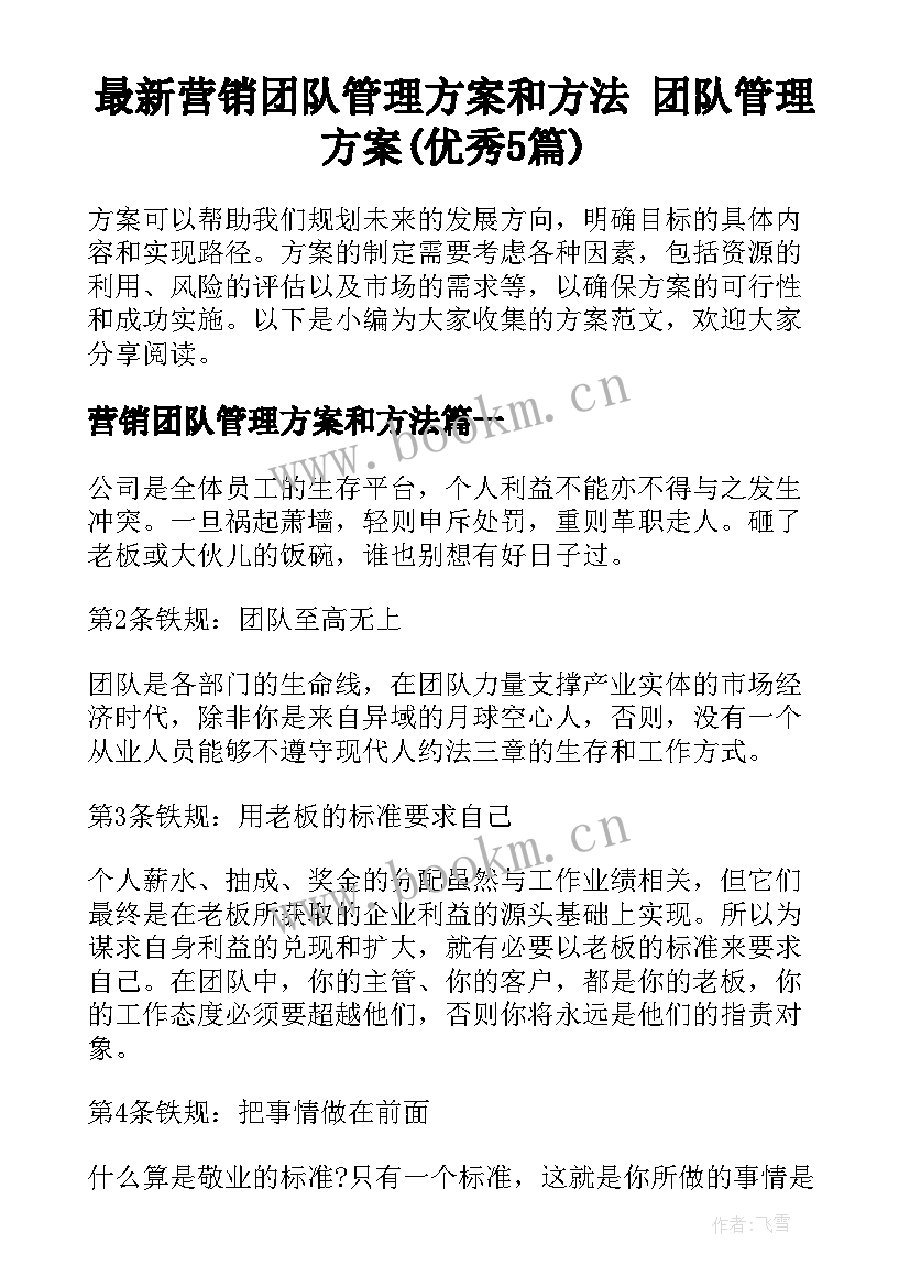 最新营销团队管理方案和方法 团队管理方案(优秀5篇)