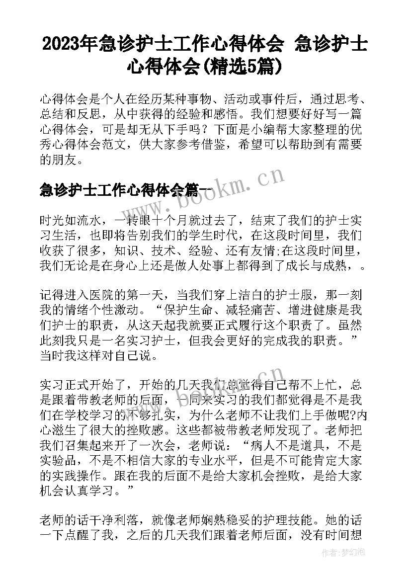 2023年急诊护士工作心得体会 急诊护士心得体会(精选5篇)