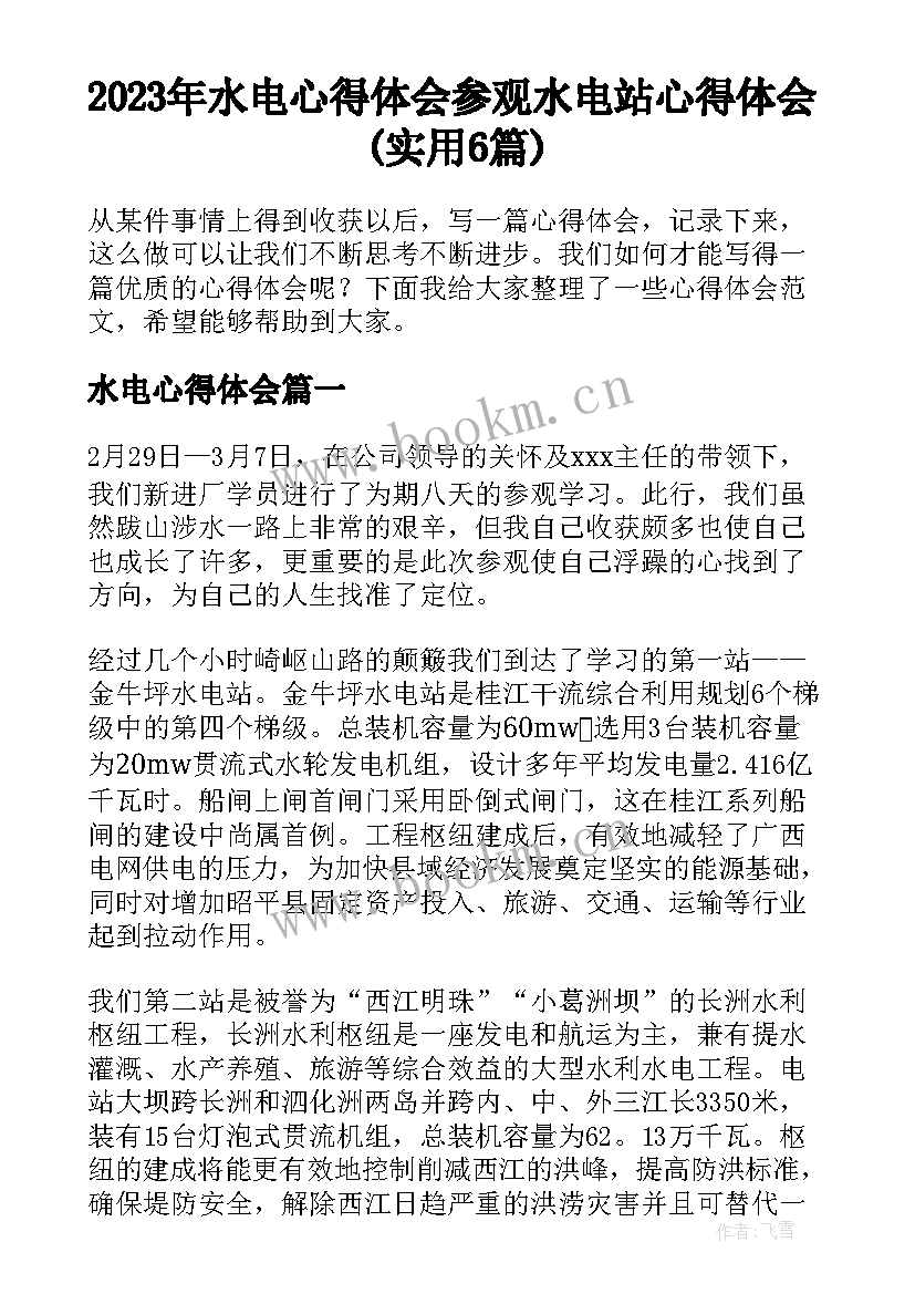 2023年水电心得体会 参观水电站心得体会(实用6篇)