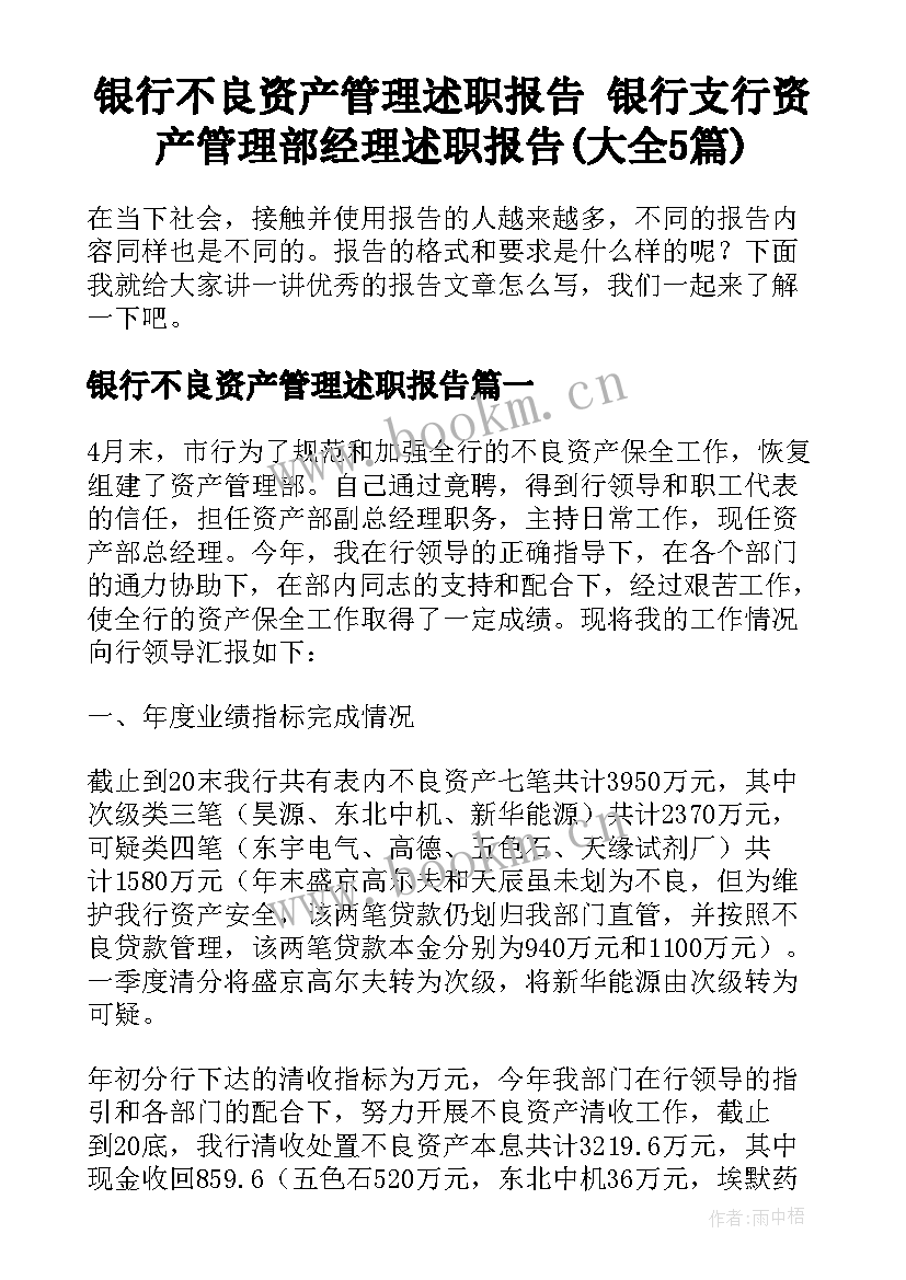 银行不良资产管理述职报告 银行支行资产管理部经理述职报告(大全5篇)