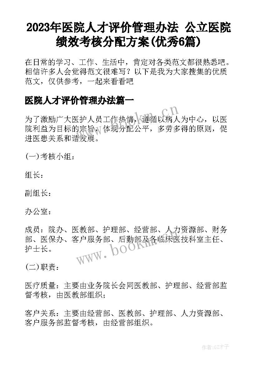 2023年医院人才评价管理办法 公立医院绩效考核分配方案(优秀6篇)