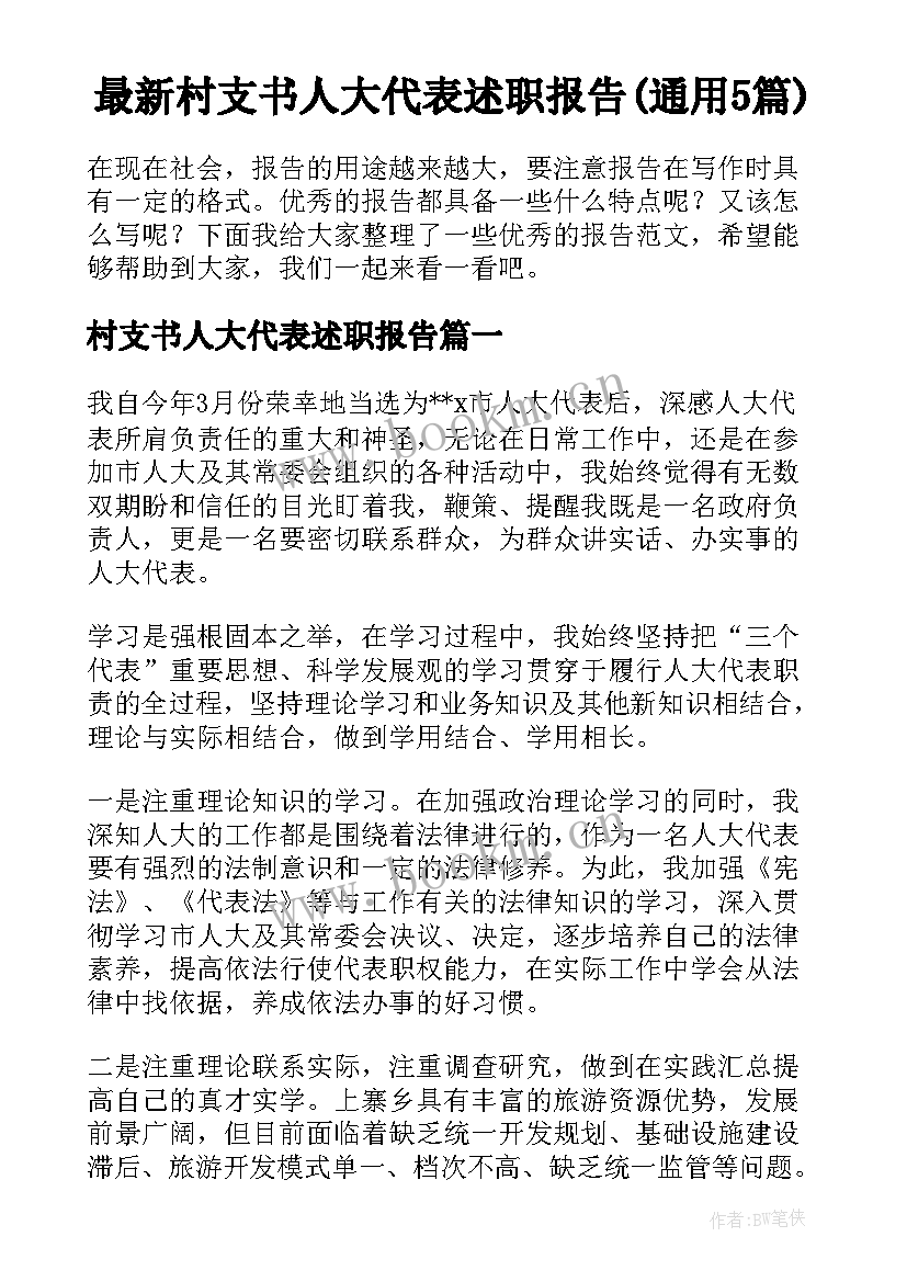 最新村支书人大代表述职报告(通用5篇)