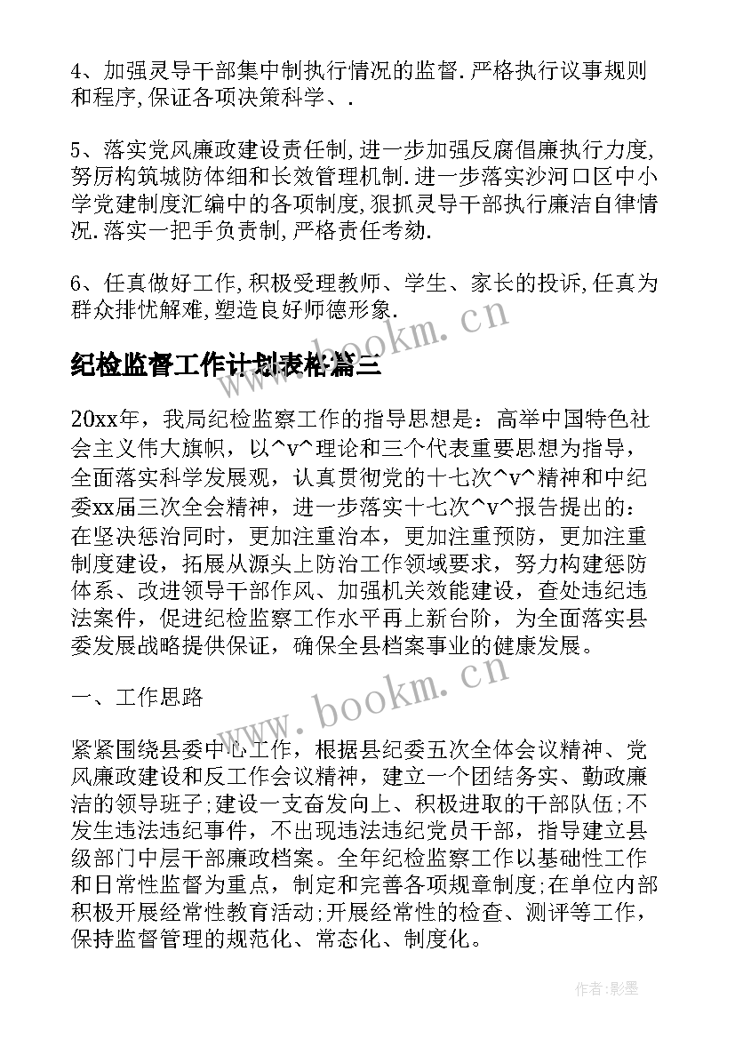 最新纪检监督工作计划表格 派驻纪检监督组工作计划实用(汇总5篇)