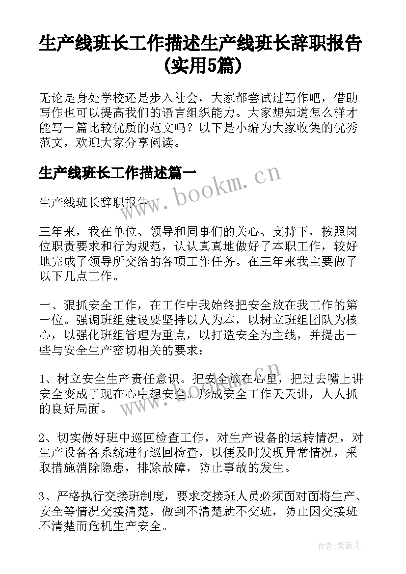 生产线班长工作描述 生产线班长辞职报告(实用5篇)