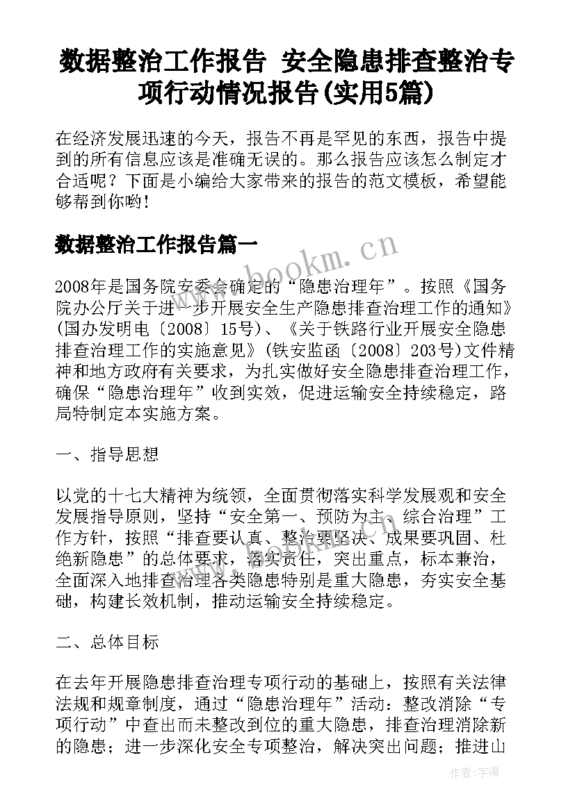 数据整治工作报告 安全隐患排查整治专项行动情况报告(实用5篇)