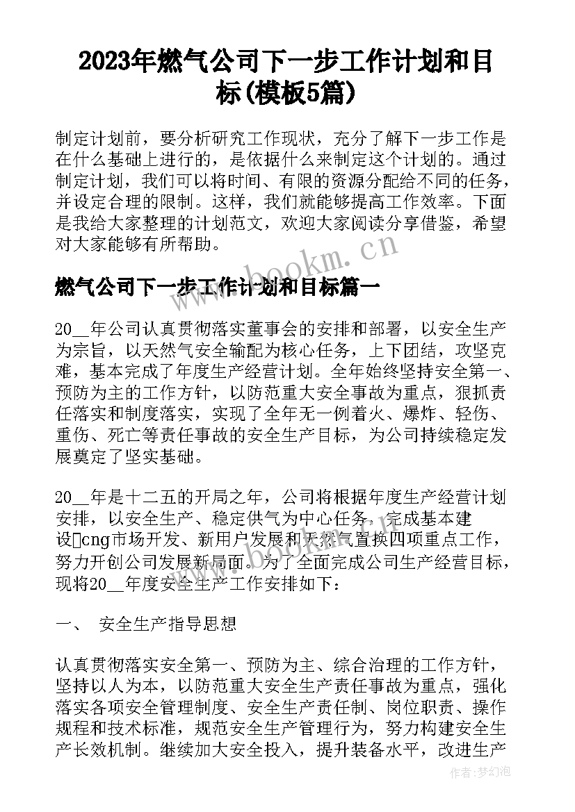 2023年燃气公司下一步工作计划和目标(模板5篇)