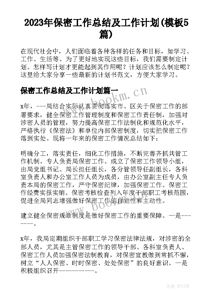 2023年保密工作总结及工作计划(模板5篇)