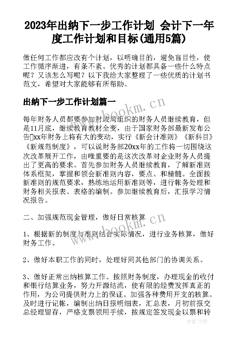 2023年出纳下一步工作计划 会计下一年度工作计划和目标(通用5篇)