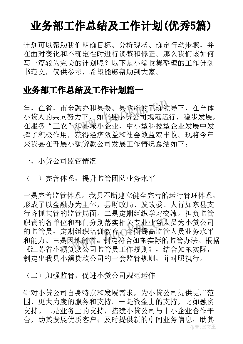 业务部工作总结及工作计划(优秀5篇)