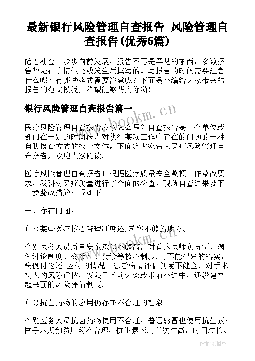 最新银行风险管理自查报告 风险管理自查报告(优秀5篇)