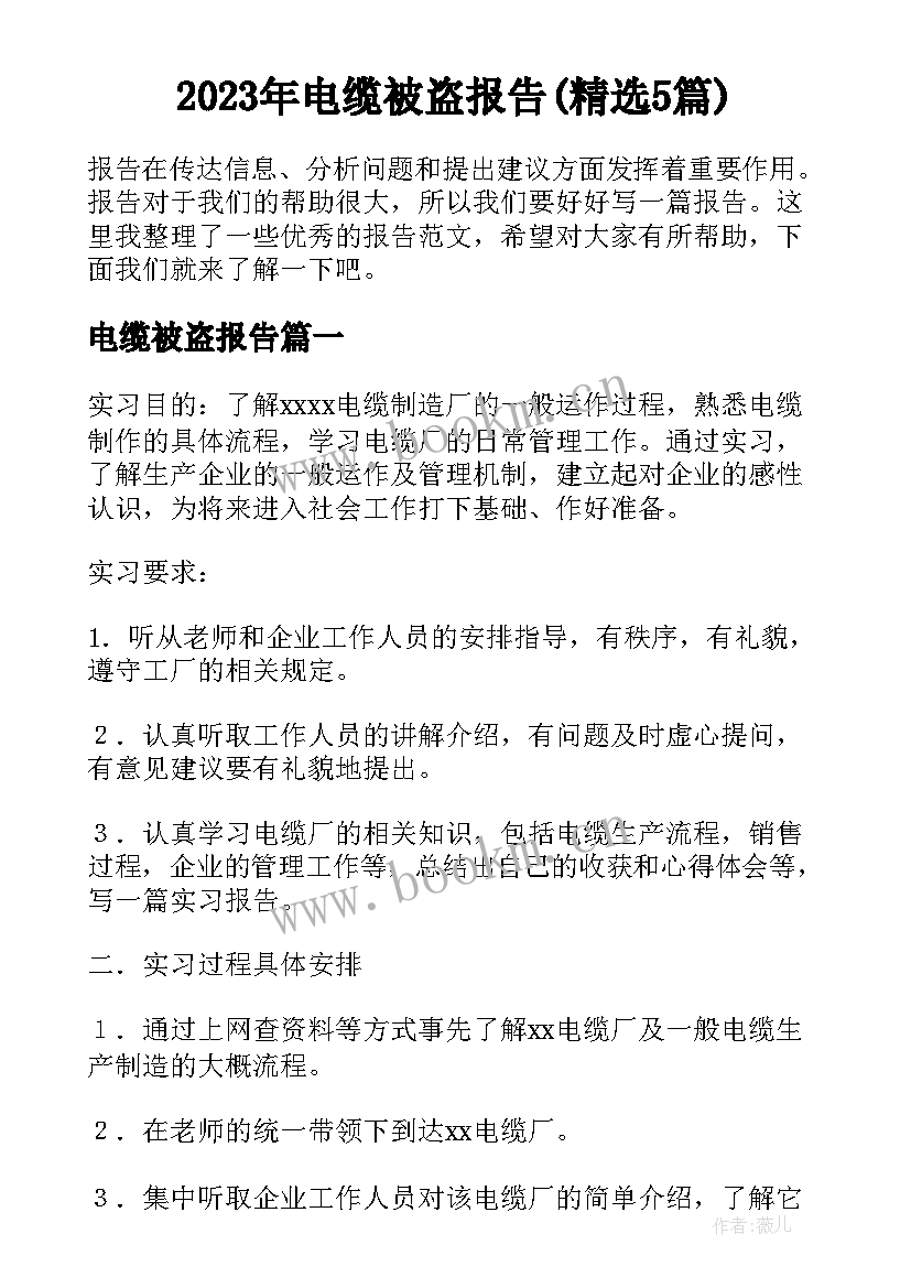 2023年电缆被盗报告(精选5篇)