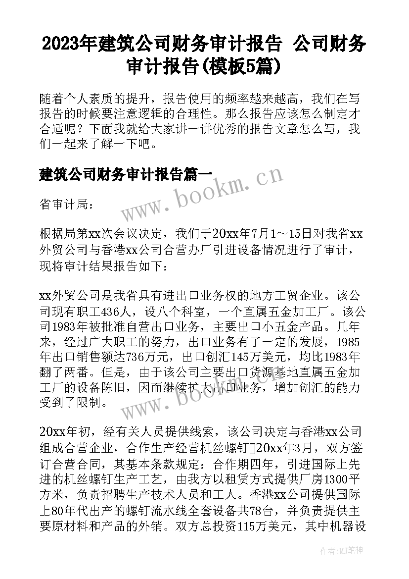 2023年建筑公司财务审计报告 公司财务审计报告(模板5篇)