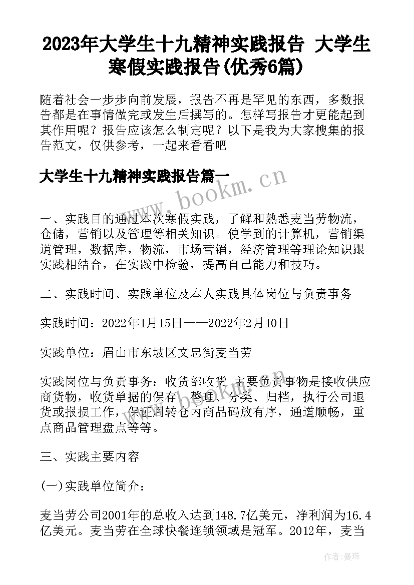 2023年大学生十九精神实践报告 大学生寒假实践报告(优秀6篇)