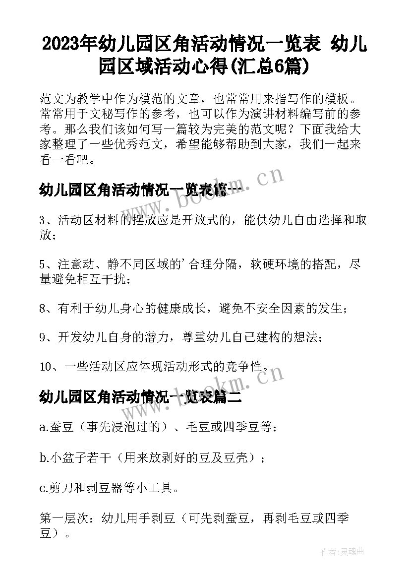 2023年幼儿园区角活动情况一览表 幼儿园区域活动心得(汇总6篇)