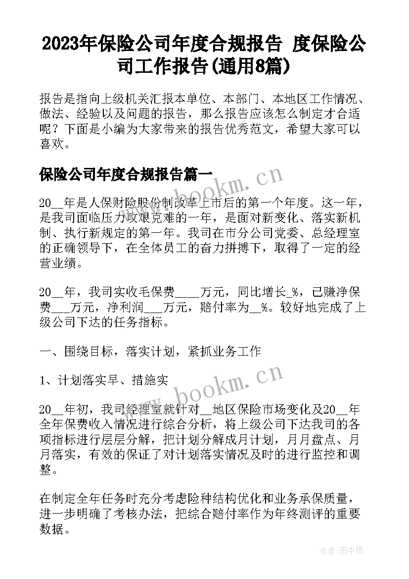 2023年保险公司年度合规报告 度保险公司工作报告(通用8篇)