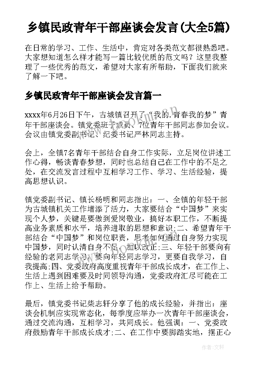 乡镇民政青年干部座谈会发言(大全5篇)