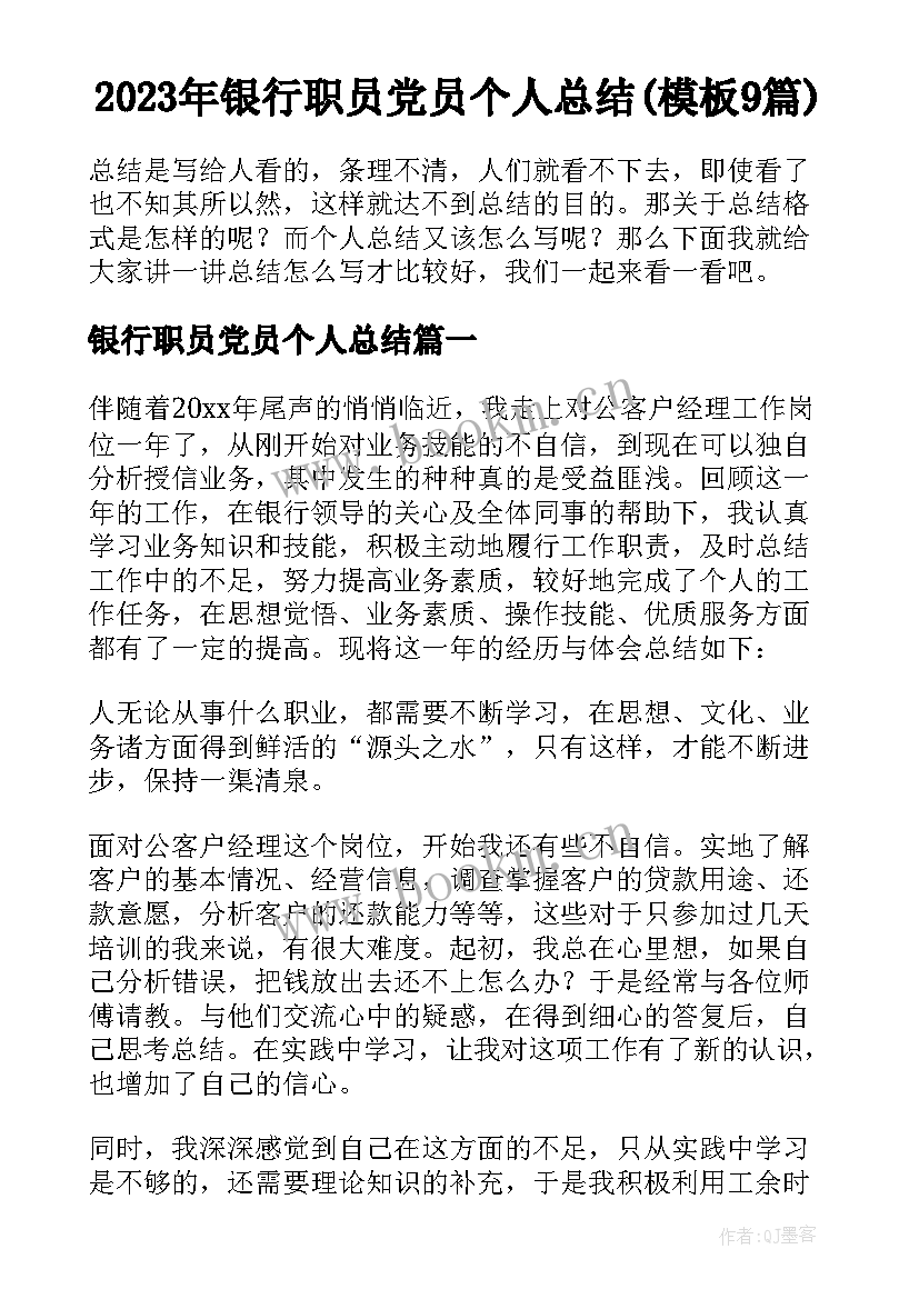 2023年银行职员党员个人总结(模板9篇)