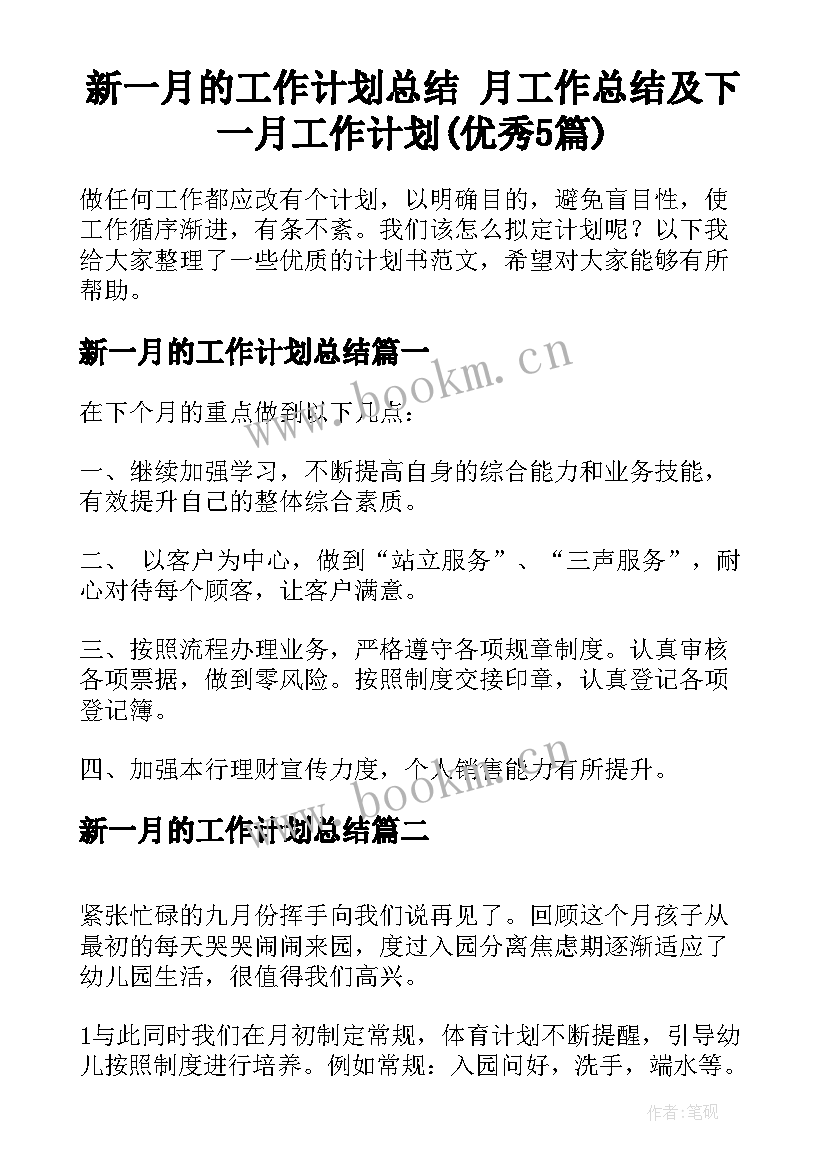 新一月的工作计划总结 月工作总结及下一月工作计划(优秀5篇)