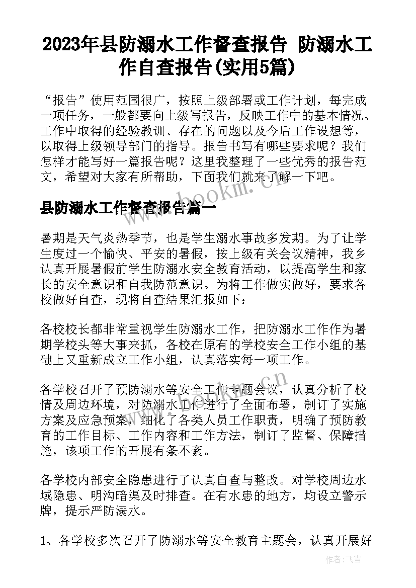 2023年县防溺水工作督查报告 防溺水工作自查报告(实用5篇)