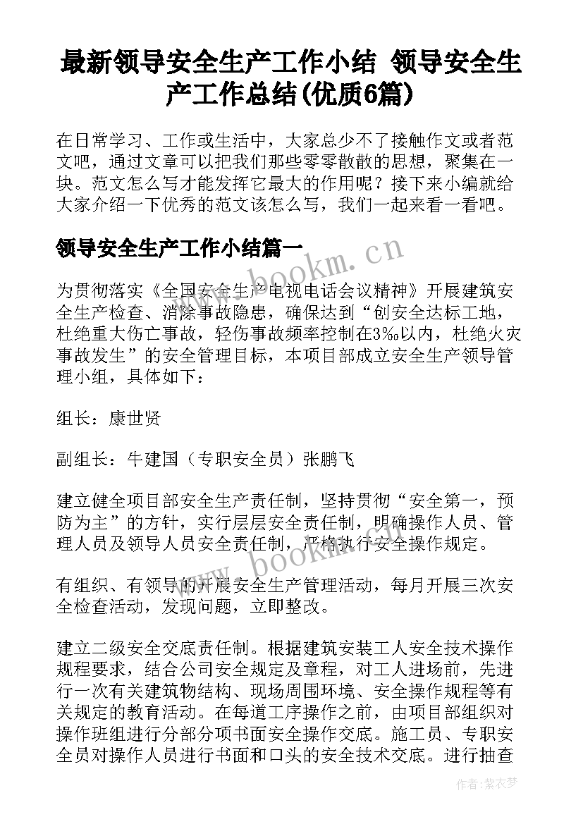 最新领导安全生产工作小结 领导安全生产工作总结(优质6篇)