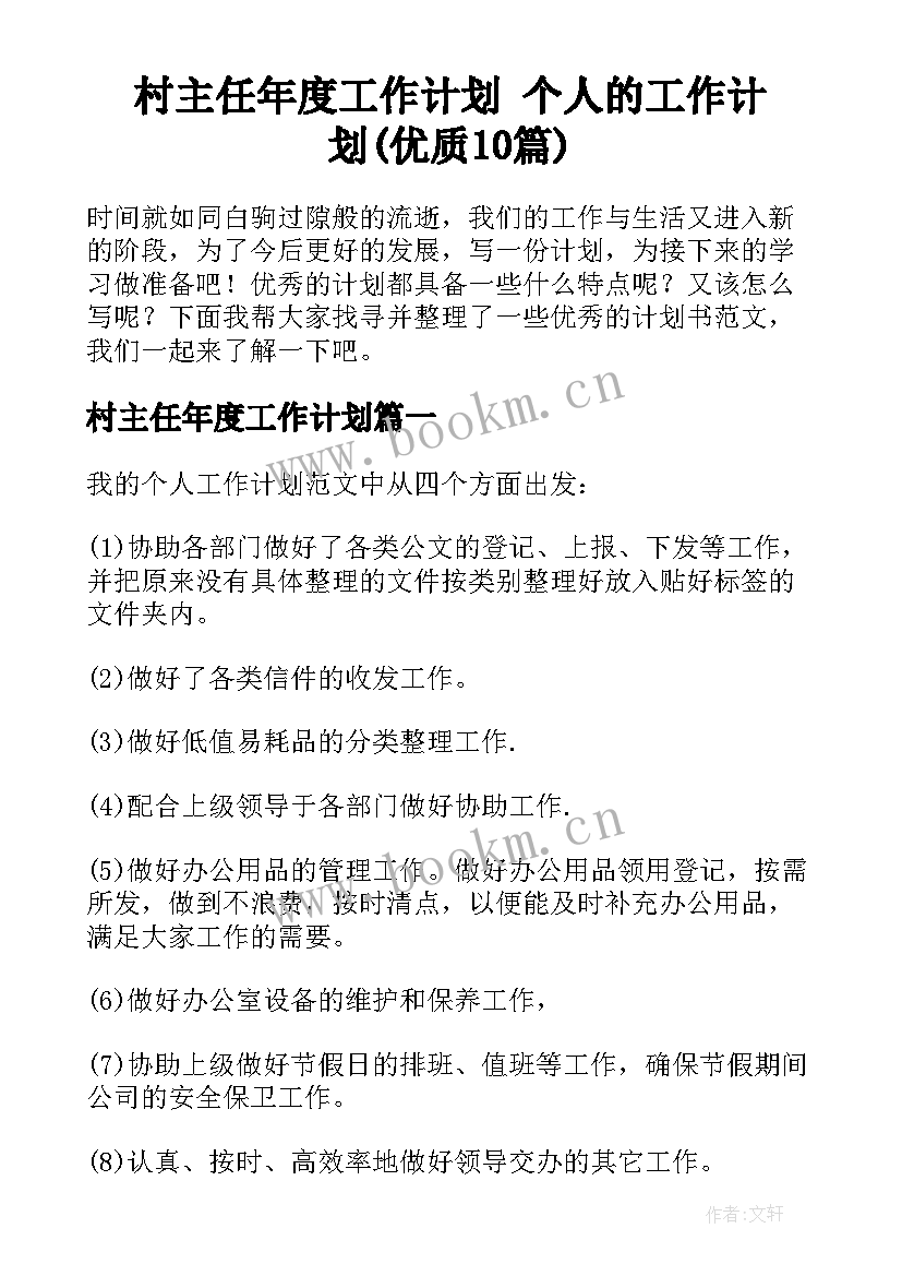 村主任年度工作计划 个人的工作计划(优质10篇)