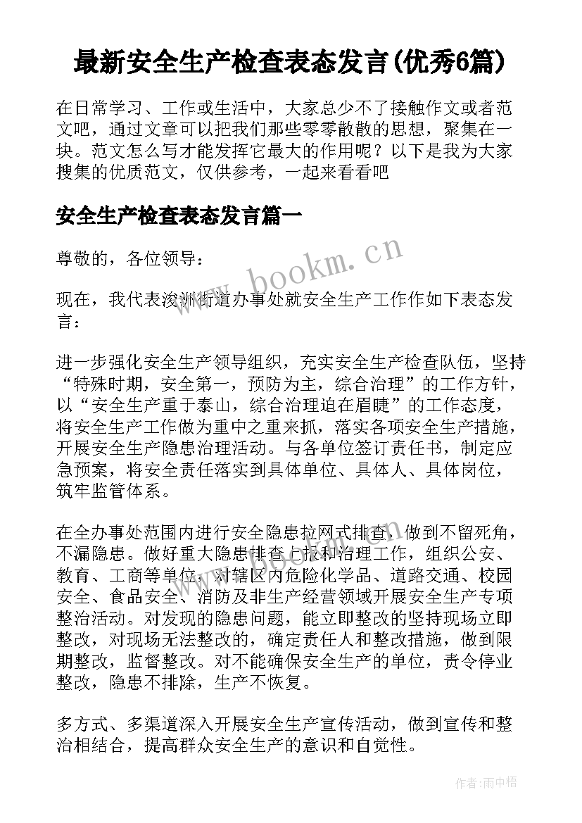 最新安全生产检查表态发言(优秀6篇)