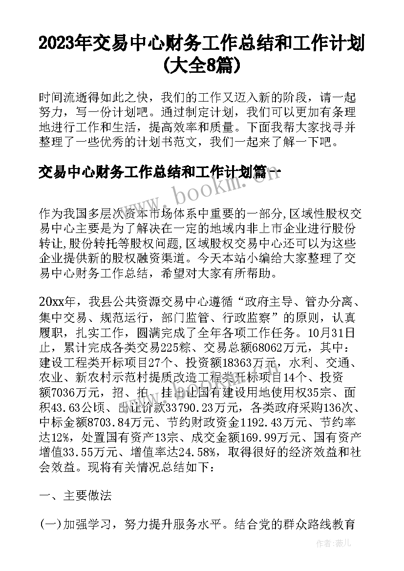 2023年交易中心财务工作总结和工作计划(大全8篇)