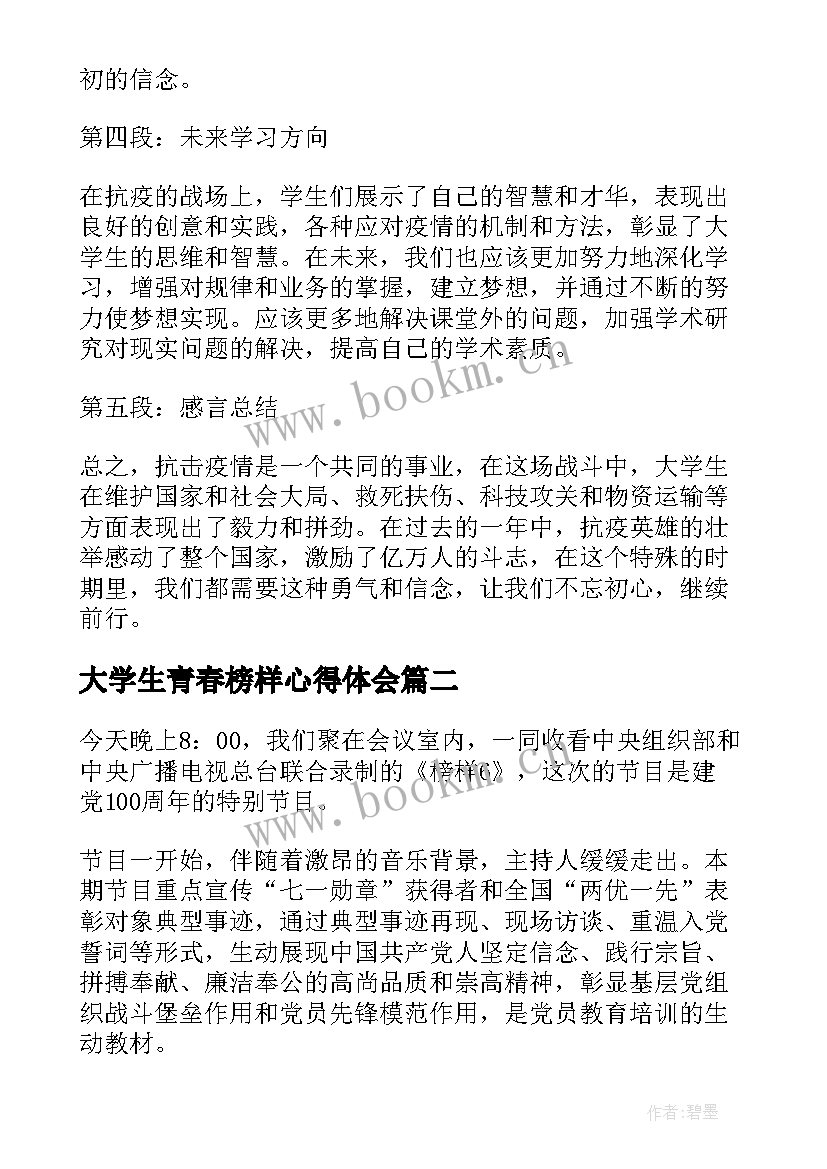 2023年大学生青春榜样心得体会(模板5篇)