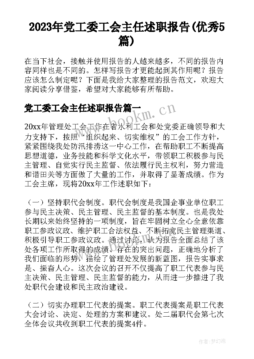 2023年党工委工会主任述职报告(优秀5篇)