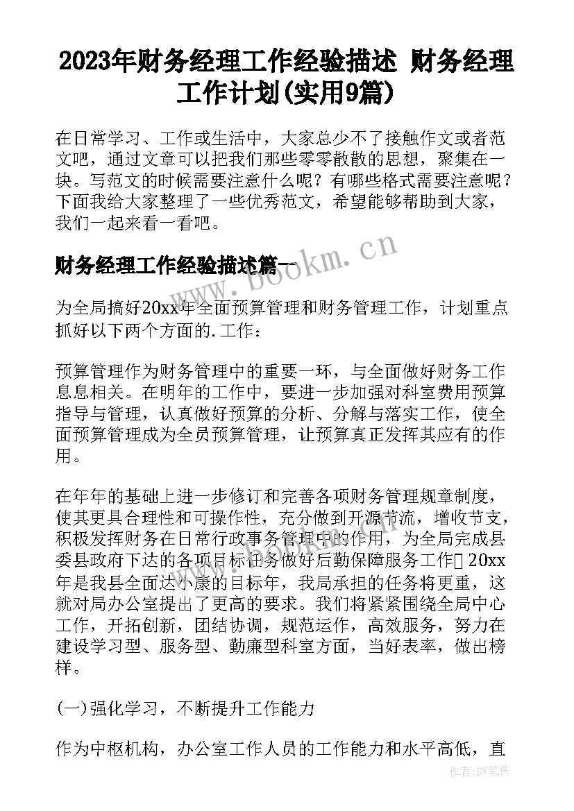 2023年财务经理工作经验描述 财务经理工作计划(实用9篇)