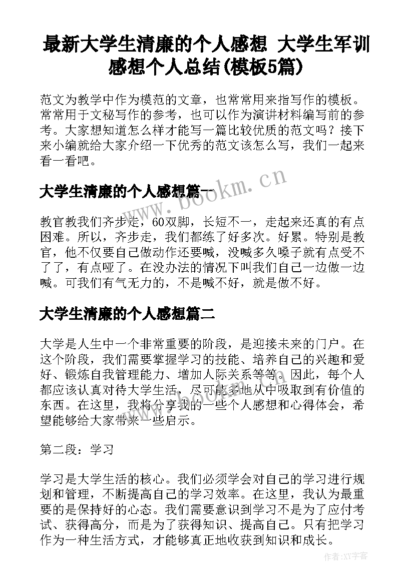 最新大学生清廉的个人感想 大学生军训感想个人总结(模板5篇)