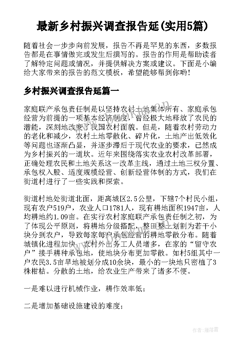 最新乡村振兴调查报告延(实用5篇)