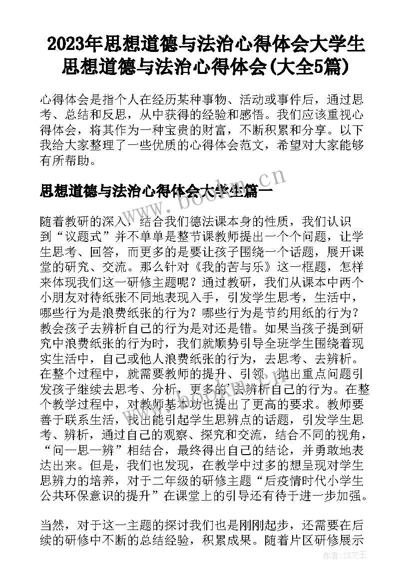 2023年思想道德与法治心得体会大学生 思想道德与法治心得体会(大全5篇)