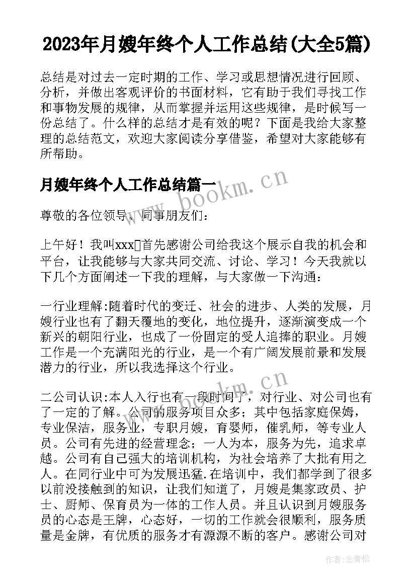 2023年月嫂年终个人工作总结(大全5篇)